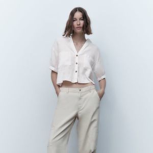 Zara White Short Sleeve Linen Button Front Cropped Cotton Top
